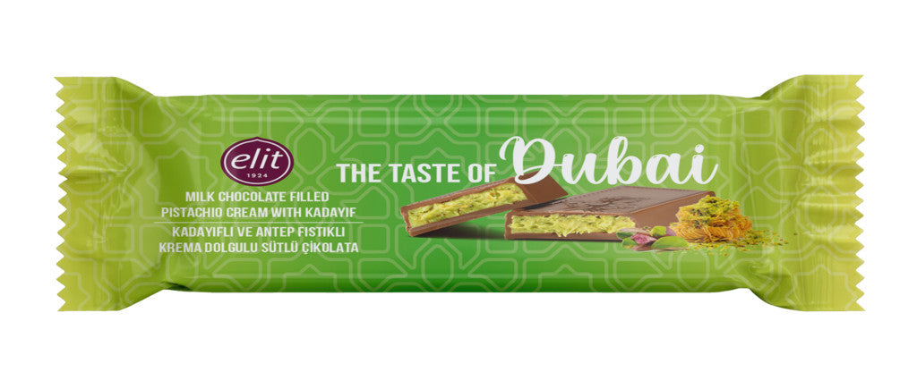 Elit Cioccolato Dubai, barretta di cioccolato al latte con crema di pistacchio e Kadayif da 30g