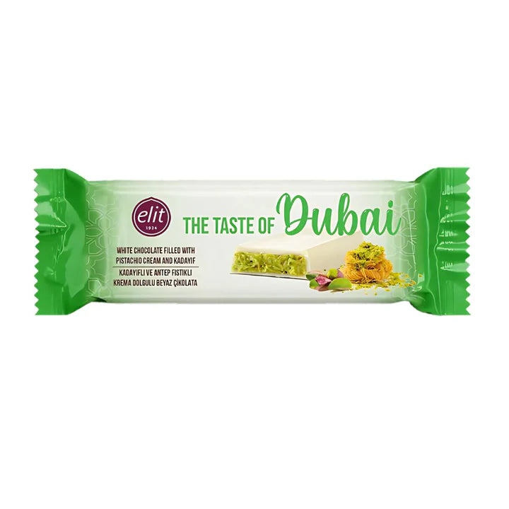 Elit White Dubai Chocolate, barretta di cioccolato bianco con crema di pistacchio e Kadayif da 30g