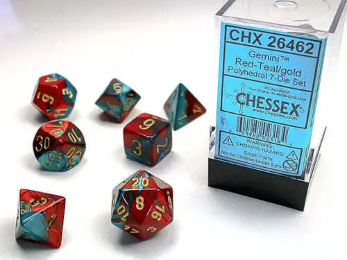 CHX 20662 - SET 7 DADI POLIEDRICI GEMINI - RED-TEAL/GOLD