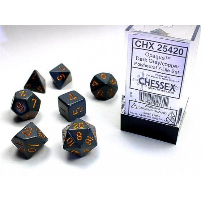 CHX 25420 - SET 7 DADI POLIEDRICI OPACHI - DARK GREY W/COPPER