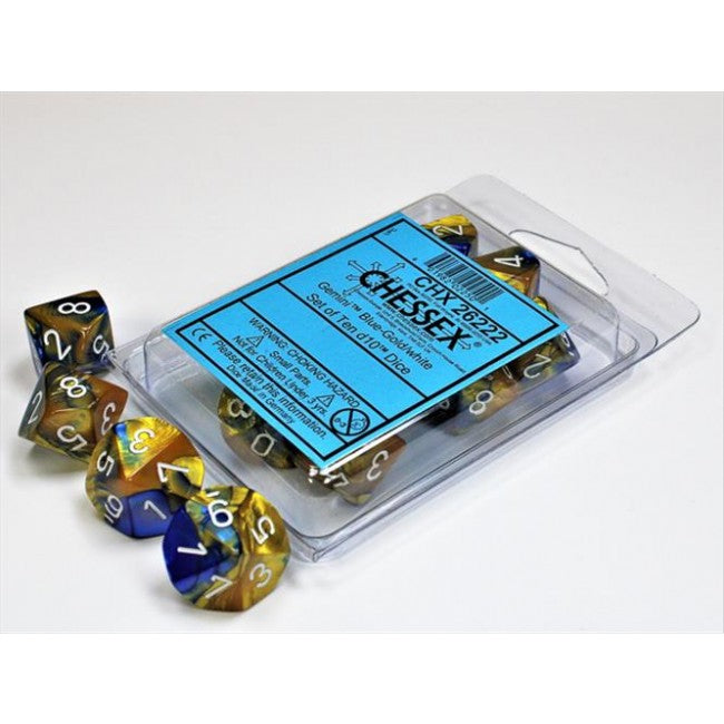 CHX 26222 - SET 10 DADI 10 FACCE GEMINI - BLUE-GOLD W/WHITE