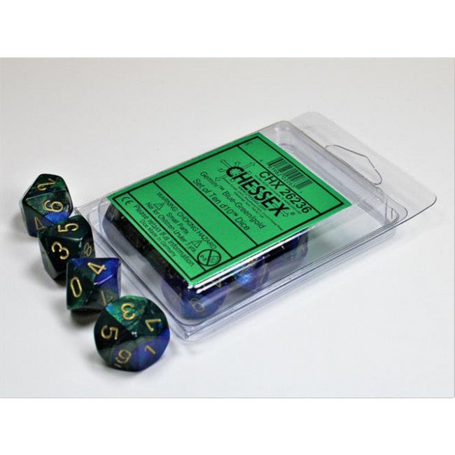 CHX 26236 - SET 10 DADI 10 FACCE GEMINI - BLUE-GREEN W/GOLD