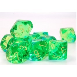 CHX 26266 - SET 10 DADI 10 FACCE GEMINI - TRANSLUCENT GREEN-TEAL/YELLOW
