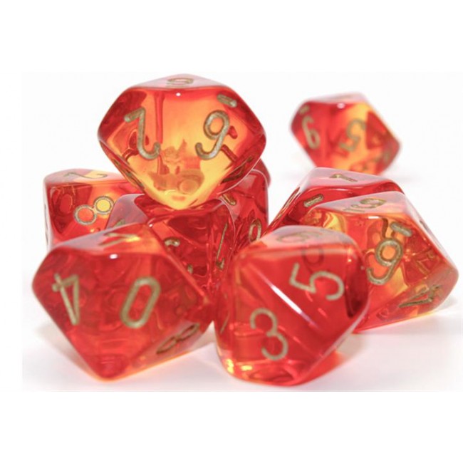 CHX 26268 - SET 10 DADI 10 FACCE GEMINI - TRANSLUCENT RED-YELLOW/GOLD