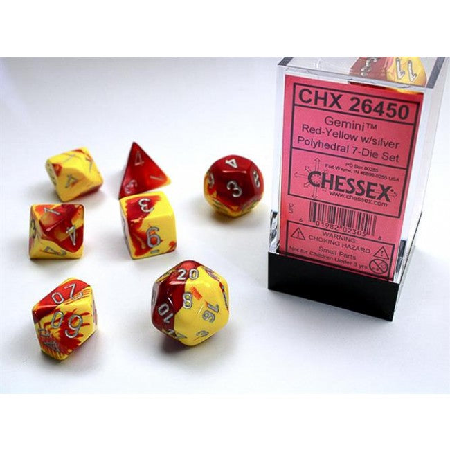 CHX 26450 - SET 7 DADI POLIEDRICI GEMINI - RED-YELLOW W/SILVER