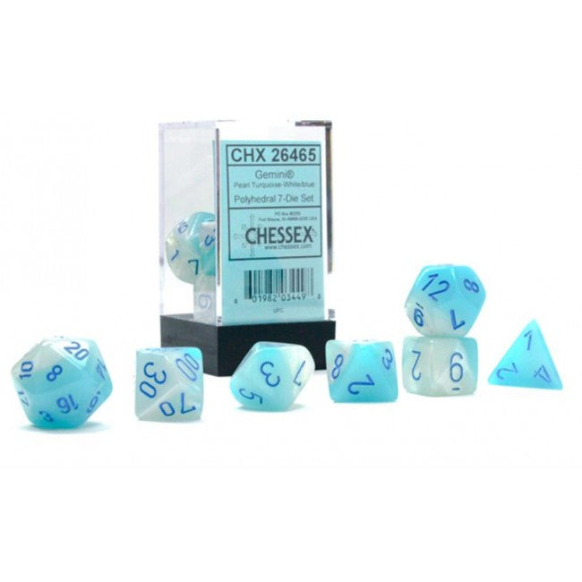 CHX 26465 - SET 7 DADI POLIEDRICI GEMINI - PEARL TURQUOISE-WHITE/BLUE LUMINARY