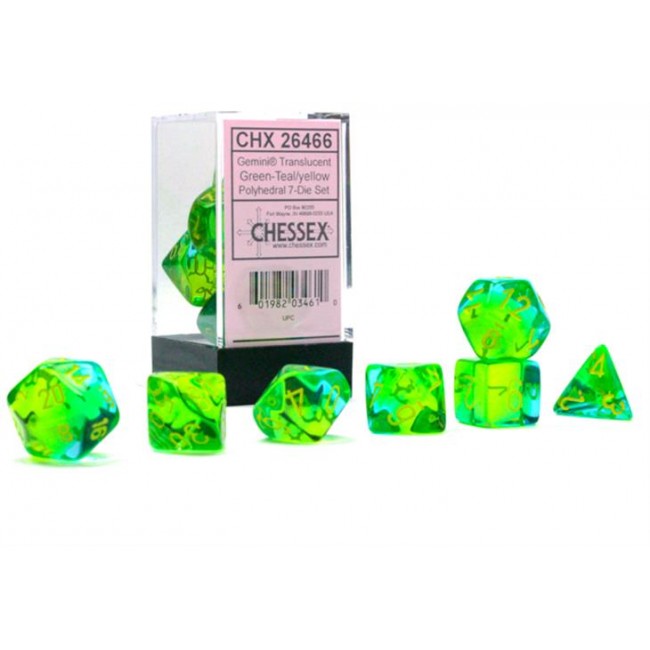 CHX 26466 - SET 7 DADI POLIEDRICI GEMINI - TRANSLUCENT GREEN-TEAL/YELLOW