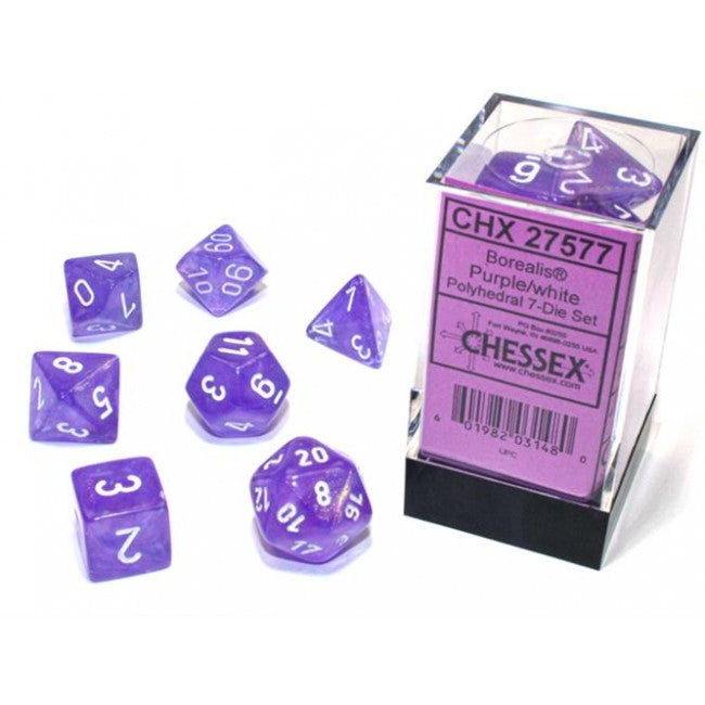 CHX 27577 - SET 7 DADI POLIEDRICI - BOREALIS PURPLE/WHITE LUMINARY