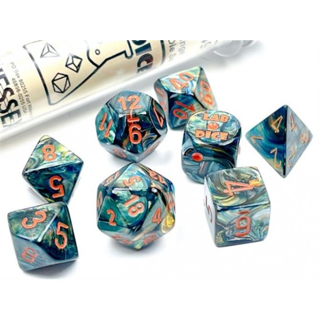 CHX 30049 - SET 7 DADI POLIEDRICI - LUSTROUS ALPESTRIS/ORANGE