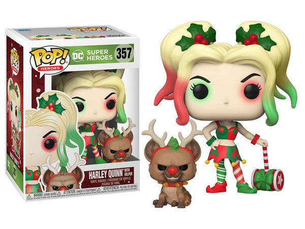 DC COMICS: HOLIDAY - POP FUNKO VINYL FIGURE 357 HARLEY QUINN W/ HELPER 9CM