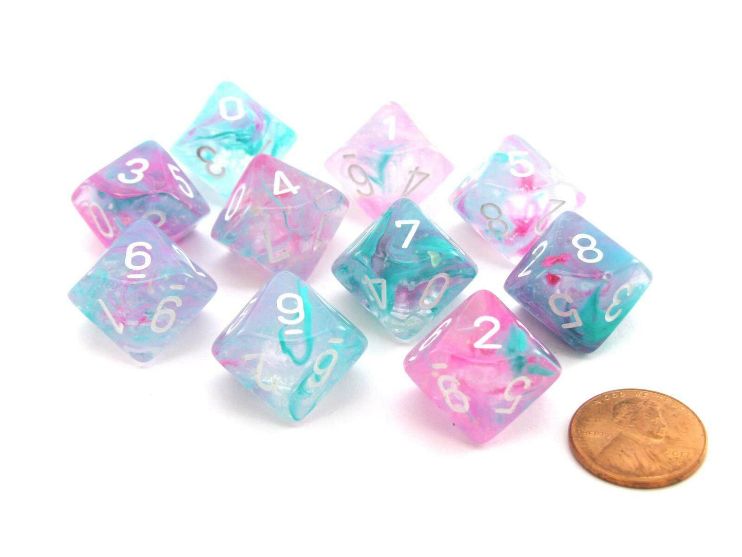 CHX 27345 - SET 10 DADI 10 FACCE - NEBULA WISTERIA/WHITE LUMINARY GLOW IN THE DARK