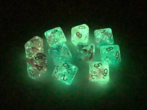 CHX 27345 - SET 10 DADI 10 FACCE - NEBULA WISTERIA/WHITE LUMINARY GLOW IN THE DARK
