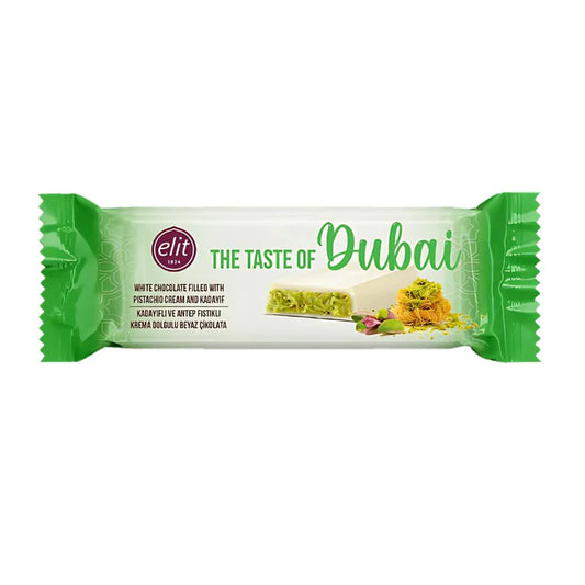 Elit White Dubai Chocolate, barretta di cioccolato bianco con crema di pistacchio e Kadayif da 30g