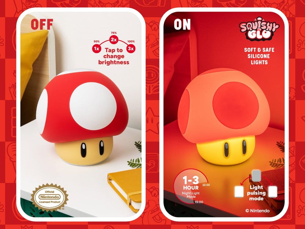 SUPER MARIO SQUISHYGLO SILICON LIGHT SUPER MUSHROOM RECHARGEABLE 15 CM - FUNGO LUCINA