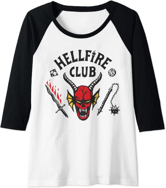 STRANGER THINGS MAGLIA - LONG SLEEVE BASEBALL T-SHIRT - HELLFIRE CLUB CREST L