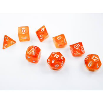 CHX 30052 - SET 7 DADI POLIEDRICI - BOREALIS BLOOD ORANGE/ WHITE LUMINARY (CON DADO OMAGGIO)