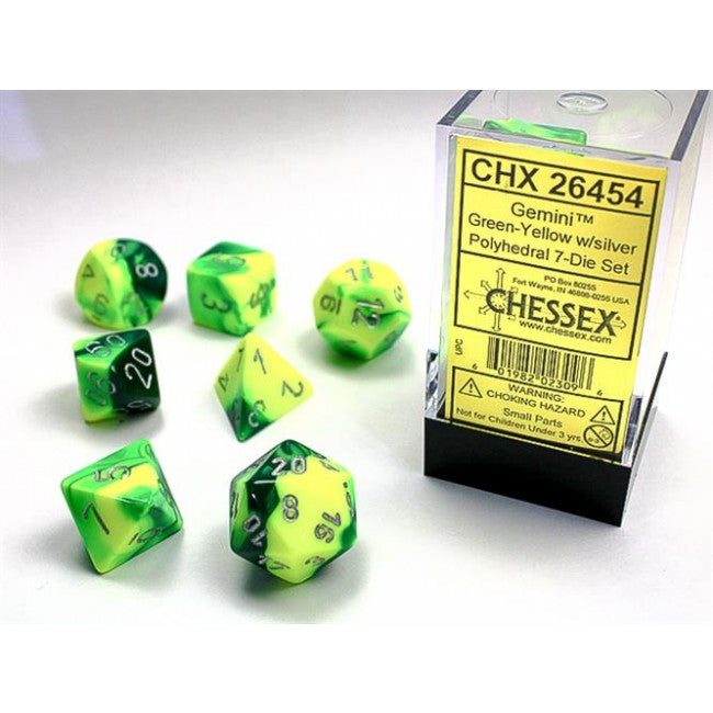 CHX 26454 - SET 7 DADI POLIEDRICI GEMINI - GREEN-YELLOW W/SILVER