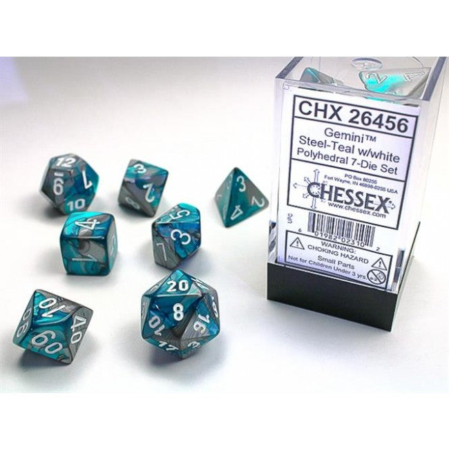 CHX 26456 - SET 7 DADI POLIEDRICI GEMINI - STEEL-TEAL W/WHITE