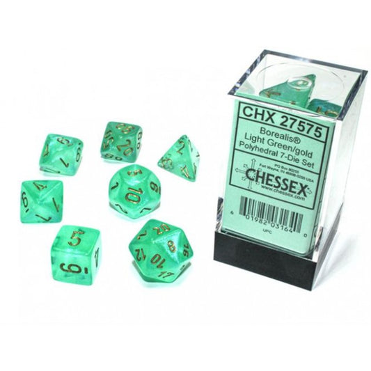 CHX 27575 - SET 7 DADI POLIEDRICI - BOREALIS LIGHT GREEN/GOLD LUMINARY