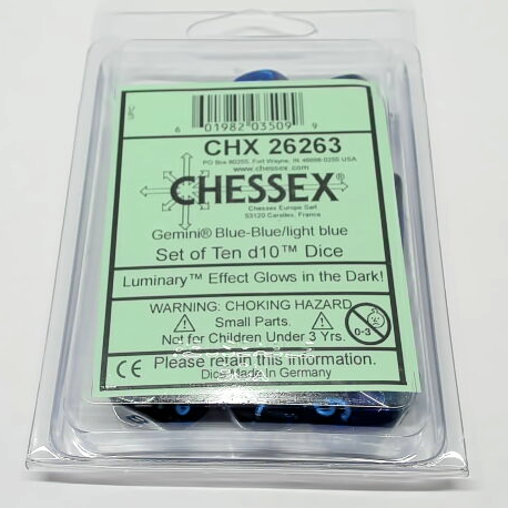 CHX 26263 - SET 10 DADI 10 FACCE GEMINI - BLUE-LIGHT BLUE LUMINARY GLOW IN THE DARK